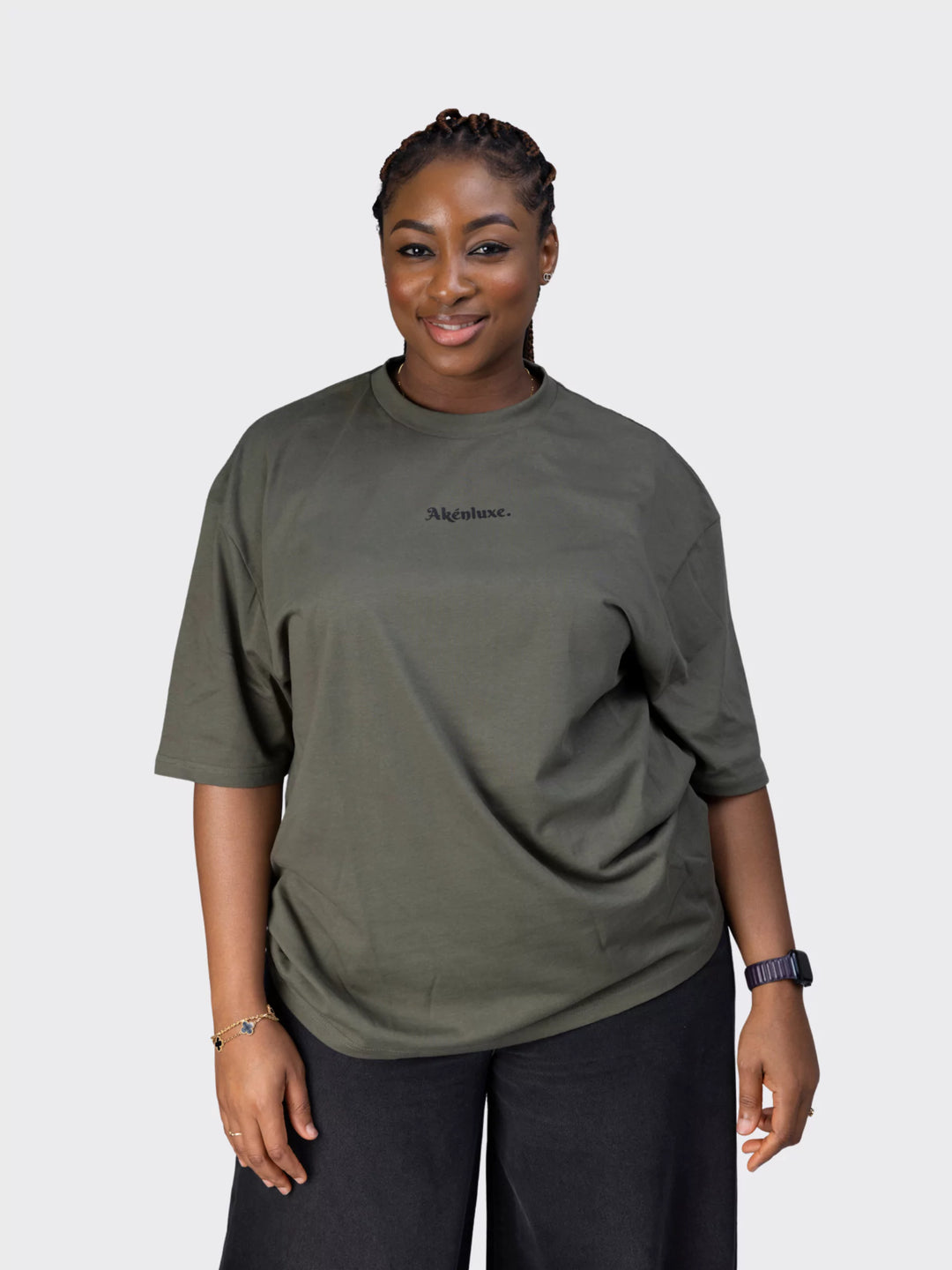 AkénLuxe Oversized Logo T-Shirt in premium cotton, featuring a bold centered logo for a clean and modern streetwear look.