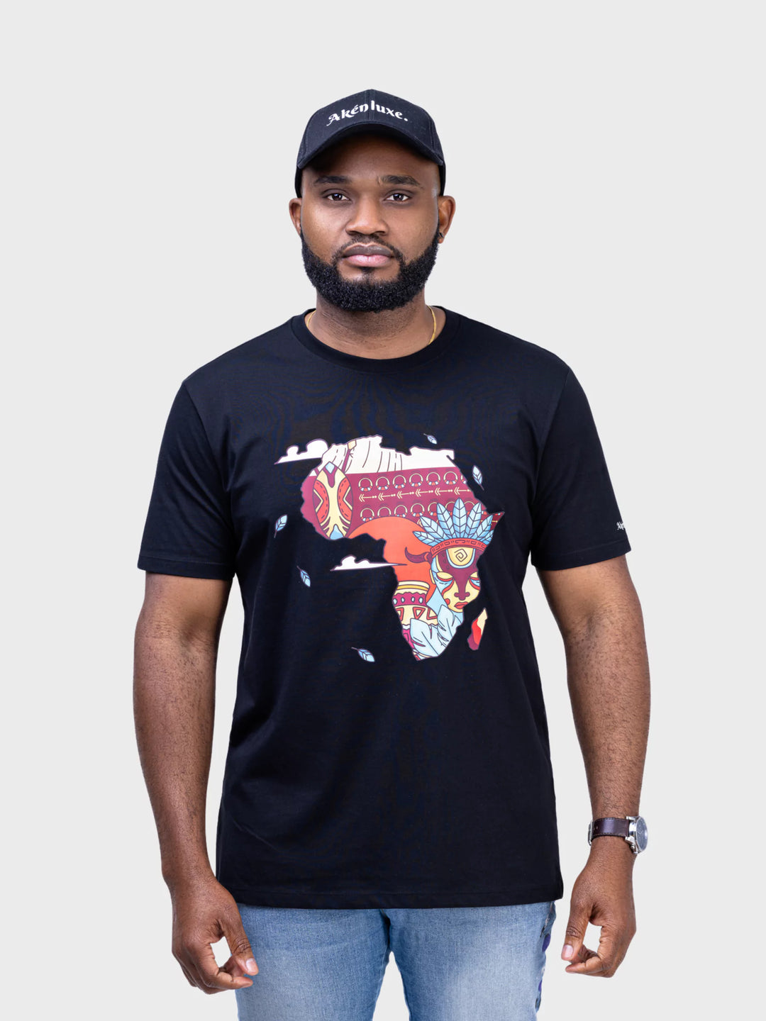 Model wearing the AkénLuxe Map of Africa T-Shirt, a blend of cultural pride and sustainable fashion.