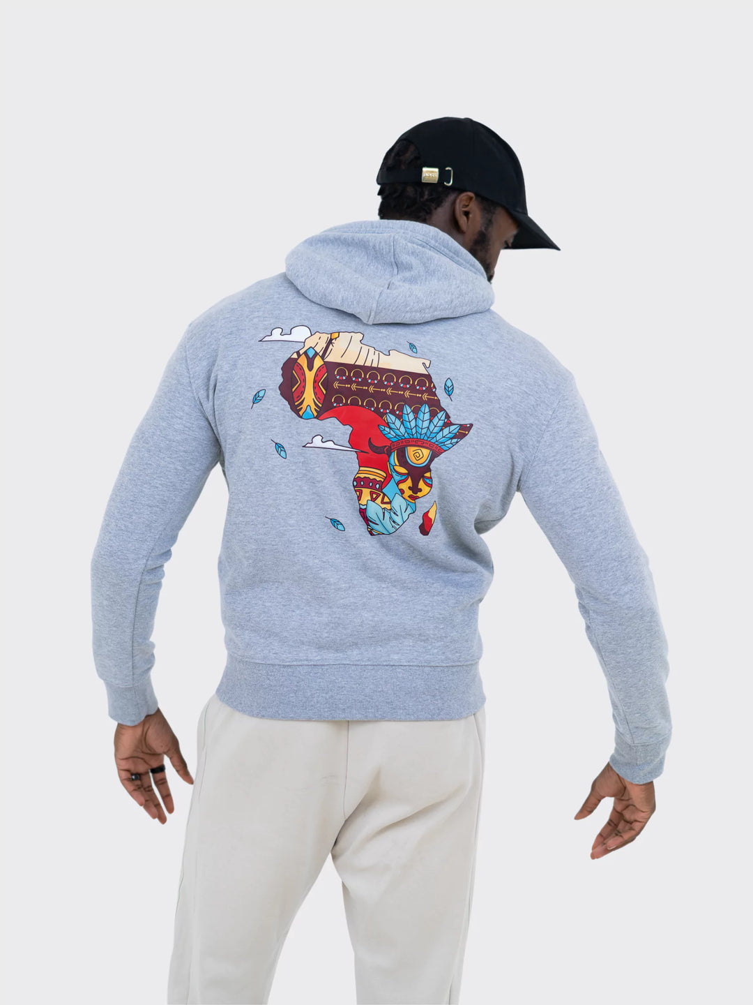 Bold, colorful African map print on the back of the hoodie, celebrating cultural heritage with a striking design.